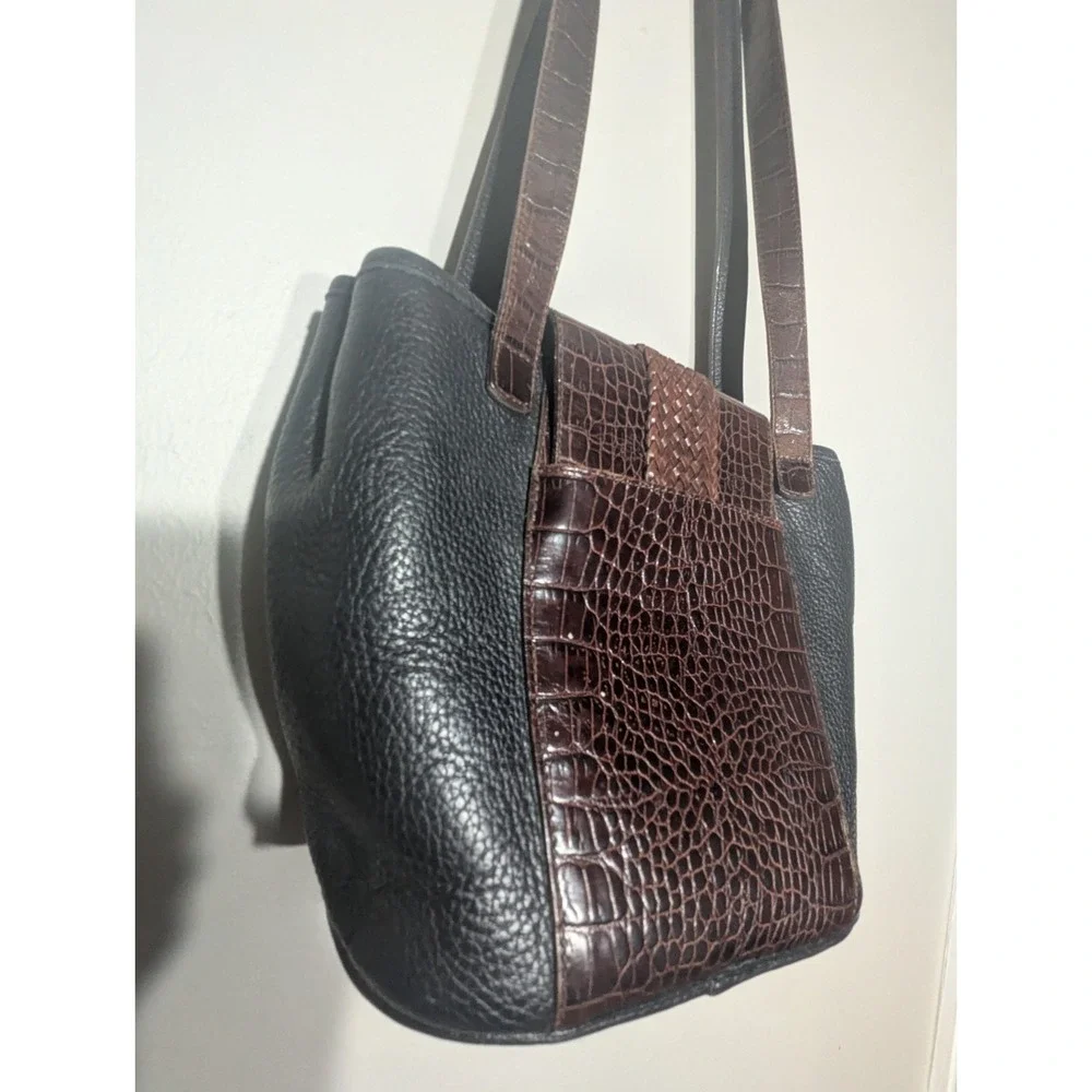 Vintage Brighton Black Pebbled Leather w/ Brown Croc Trim Shoulder Handbag